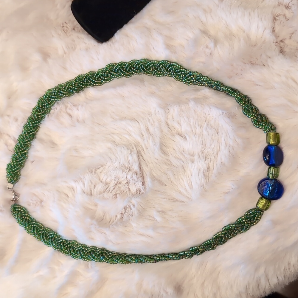 Green And Blue Beaded And Braided Necklace With Glass Bead Focus